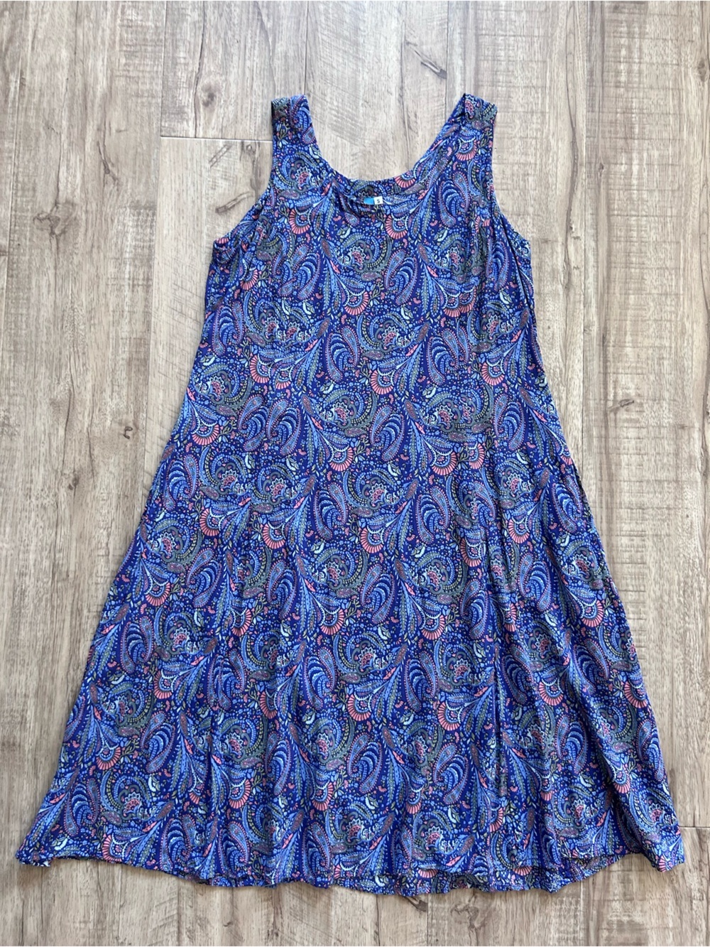 Blue Sky fair-trade Sleeveless Blue Paisley Swing Dress pockets summer beach